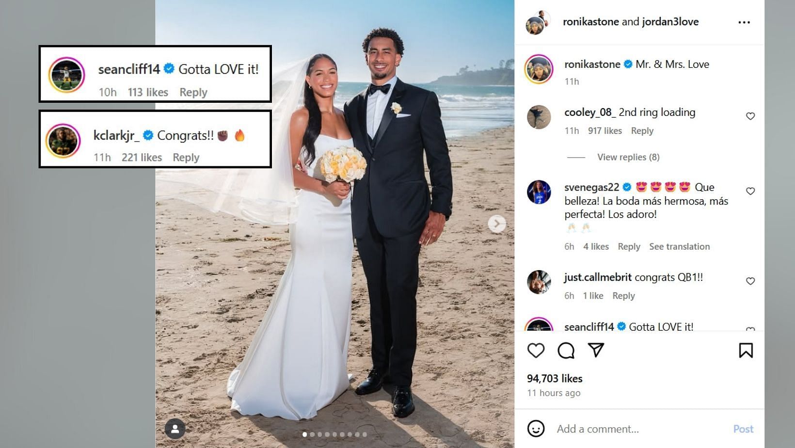 Kenny Clark and Sean Clifford react to Jordan Love and Ronika Stone's wedding (Image Credit: Stone/IG)